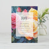 Roos Roze en Geel Bloemen Huwelijk Monogram Kaart (Staand voorkant)