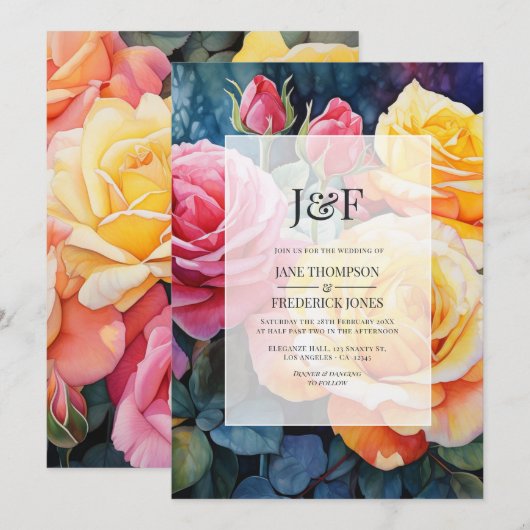 Roos Roze en Geel Bloemen Huwelijk Monogram Kaart (Voorkant / Achterkant)