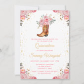 Roos Roze en Gouden Bloemen Cowboy Boot Quinceañer Kaart (Voorkant)