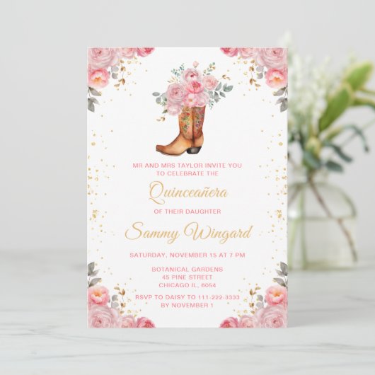 Roos Roze en Gouden Bloemen Cowboy Boot Quinceañer Kaart (Staand voorkant)