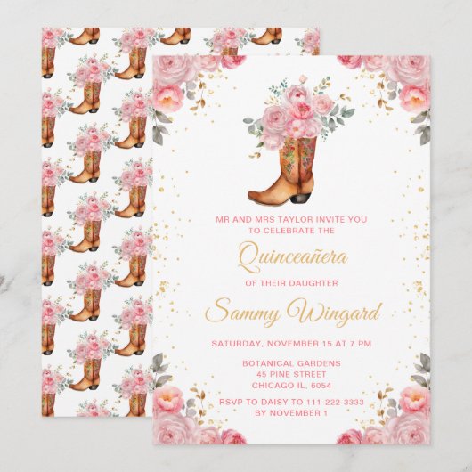 Roos Roze en Gouden Bloemen Cowboy Boot Quinceañer Kaart (Voorkant / Achterkant)