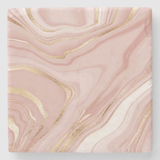 Roos Roze en gouden marmer Moderne afbeelding Stenen Onderzetter (Voorkant)