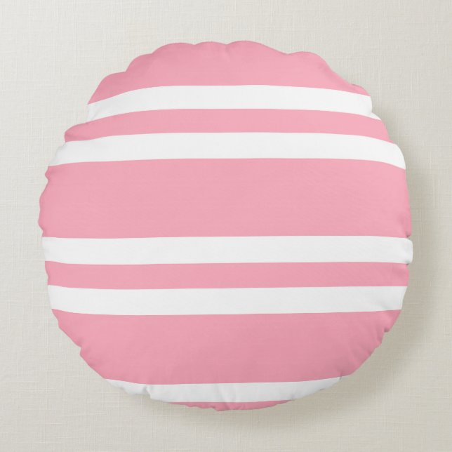 Roos Roze en witte strepen Rond Kussen (Voorkant)