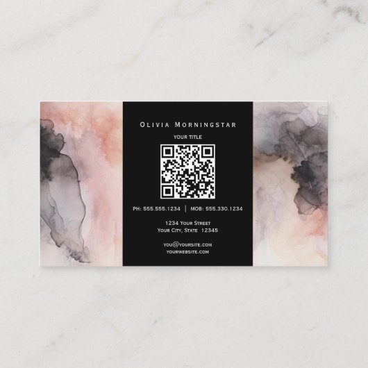 Roos Roze en Zwart Gemarmerde Inkt QR en Foto Visitekaartje (Achterkant)