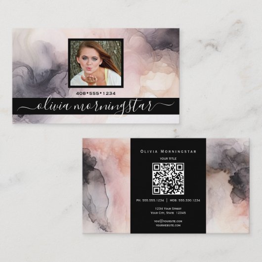 Roos Roze en Zwart Gemarmerde Inkt QR en Foto Visitekaartje (Voorkant / Achterkant)