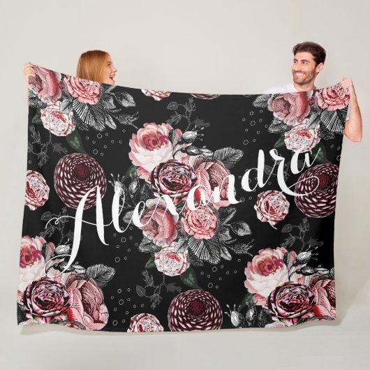  Roos Roze en Zwart patroon Fleece Deken (In situ)