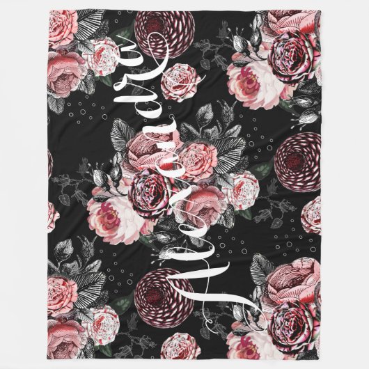  Roos Roze en Zwart patroon Fleece Deken (Voorkant)