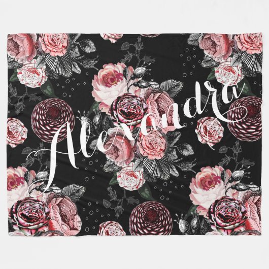 Roos Roze en Zwart patroon Fleece Deken (Voorkant (Horizontaal))