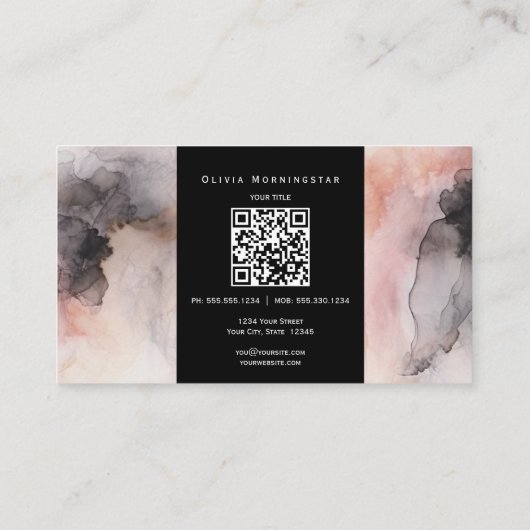Roos Roze en Zwart Zachte Waterverf QR en Foto Visitekaartje (Achterkant)