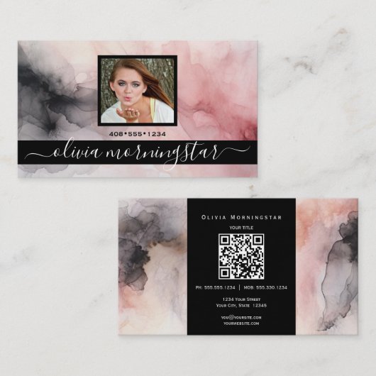 Roos Roze en Zwart Zachte Waterverf QR en Foto Visitekaartje (Voorkant / Achterkant)