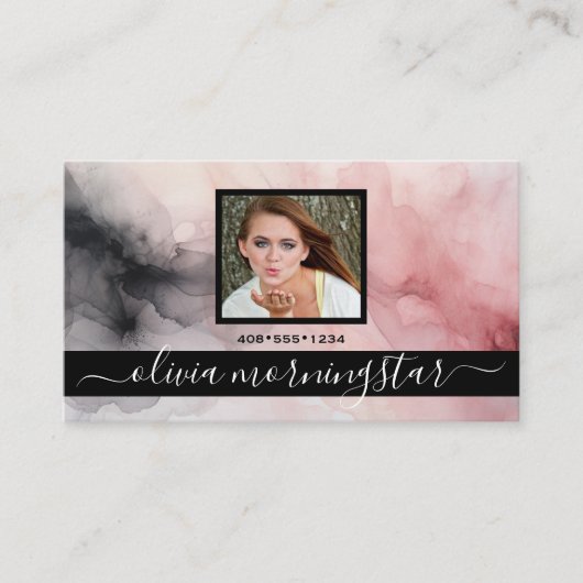 Roos Roze en Zwart Zachte Waterverf QR en Foto Visitekaartje (Voorkant)