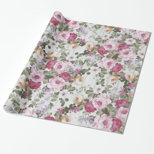 roos roze floraal roestwit houtpatroon cadeaupapier (Uitgerold)