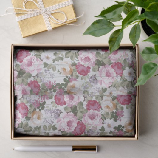  roos roze floraal roestwit houtpatroon tissuepapier (Geschenk)