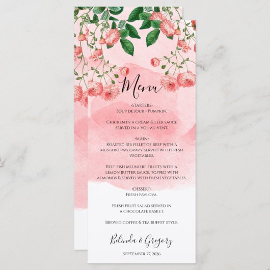  Roos Roze Floral Botanische bruiloft Menu (Voorkant / Achterkant)