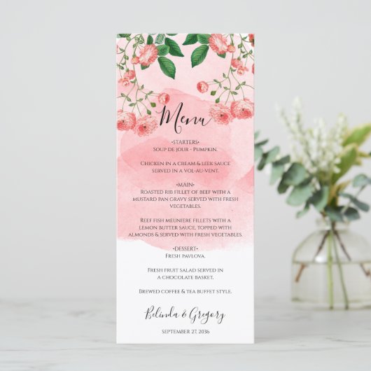  Roos Roze Floral Botanische bruiloft Menu (Staand voorkant)