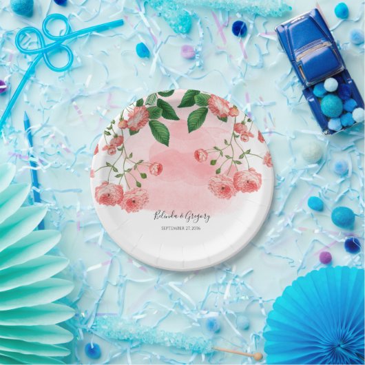  Roos Roze Floral Botanische bruiloft Papieren Bordje (Feest)