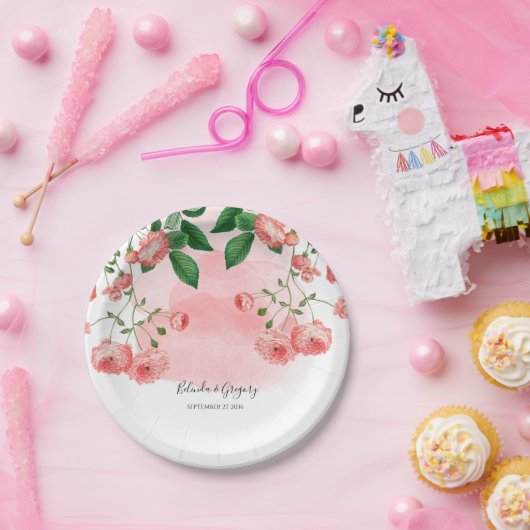  Roos Roze Floral Botanische bruiloft Papieren Bordje (Feest)