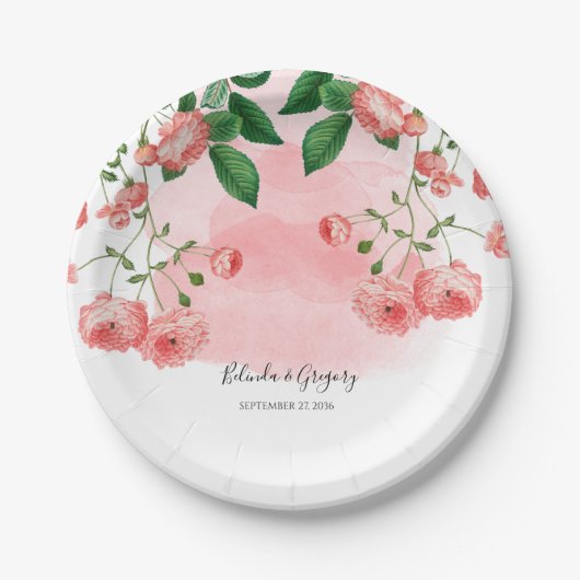  Roos Roze Floral Botanische bruiloft Papieren Bordje (Voorkant)