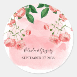  Roos Roze Floral Botanische bruiloft Ronde Sticker
