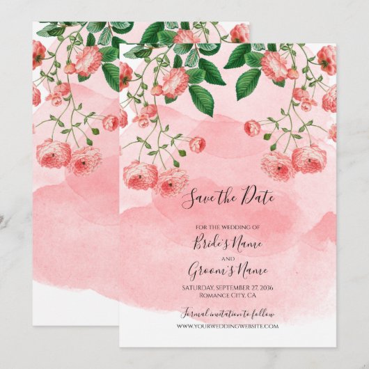  Roos Roze Floral Botanische bruiloft Save The Date (Voorkant / Achterkant)