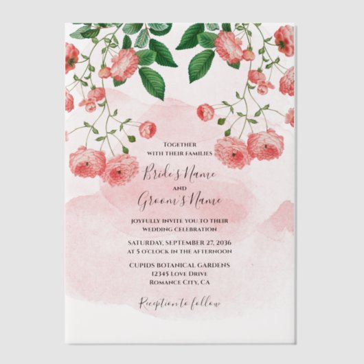  Roos Roze Floral Botanische bruiloft Vellum Uitnodigingen (Voorkant)