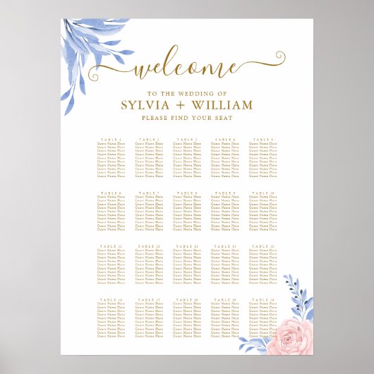 Roos Roze Floral Gold Blue Wedding Seating Charts Poster (Voorkant)