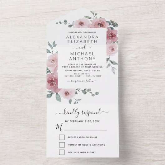 Roos Roze Floral Weddenschap Eucalyptus All In One Uitnodiging (Binnen)