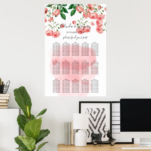  Roos Roze Floral Wedding Seating Chart Poster (Thuiskantoor)