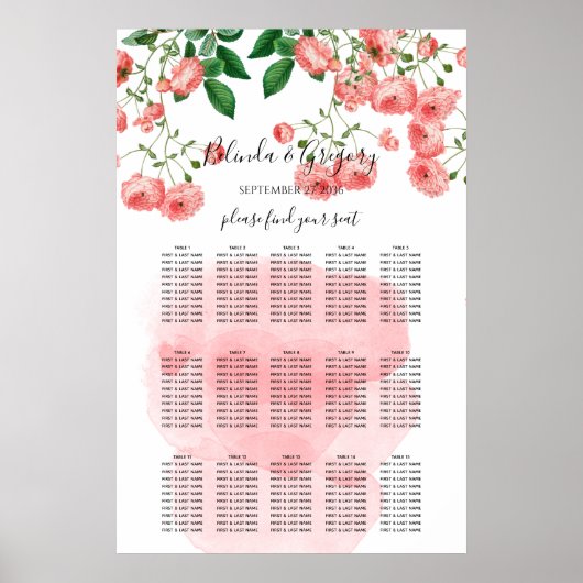  Roos Roze Floral Wedding Seating Chart Poster (Voorkant)