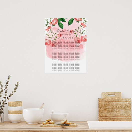Roos Roze Floral Wedding Seating Chart Poster (Keuken)