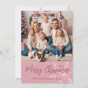 Roos Roze Foto Vrolijk Kerstscript Familienaam Feestdagenkaart