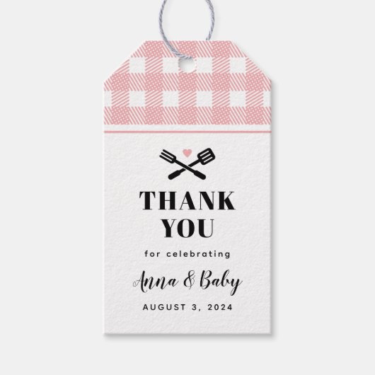 Roos Roze Gingham Pset Baby Q Shower Hartelijk dan Cadeaulabel (Voorkant)