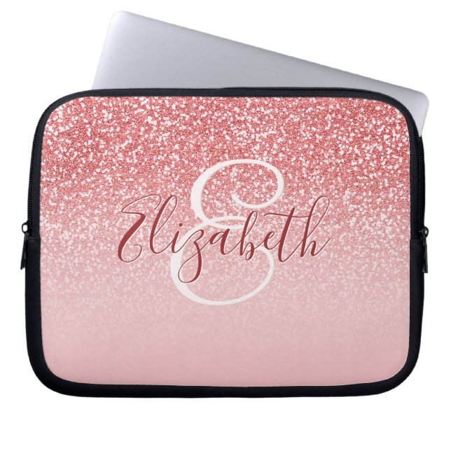 Roos Roze glitter blush ombre monogram Laptop Sleeve (Voorkant)