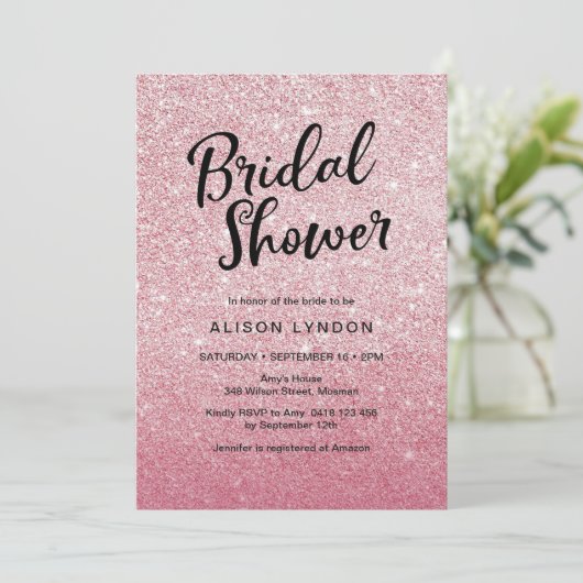 Roos roze glitter bruidsdouche uitnodiging (Staand voorkant)