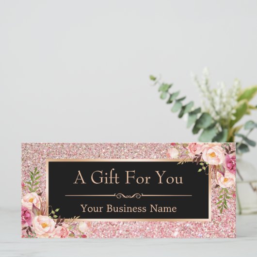 Roos Roze Glitter Floral Gift Certificate Kaart (Staand voorkant)