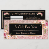 Roos Roze Glitter Floral Gift Certificate Kaart (Voorkant / Achterkant)