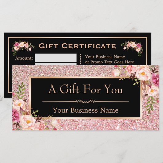 Roos Roze Glitter Floral Gift Certificate Kaart (Voorkant / Achterkant)