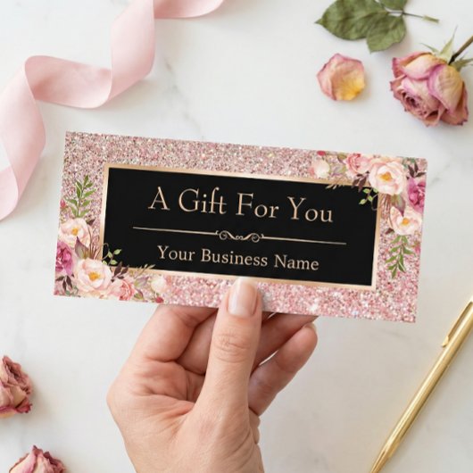 Roos Roze Glitter Floral Gift Certificate Kaart