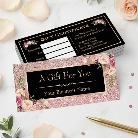 Roos Roze Glitter Floral Gift Certificate Kaart