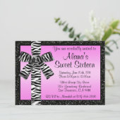 Roos roze glitter nodigt u uit met Zebra Print Bow Kaart (Staand voorkant)