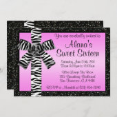 Roos roze glitter nodigt u uit met Zebra Print Bow Kaart (Voorkant / Achterkant)