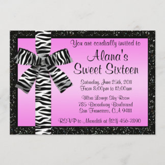Roos roze glitter nodigt u uit met Zebra Print Bow Kaart