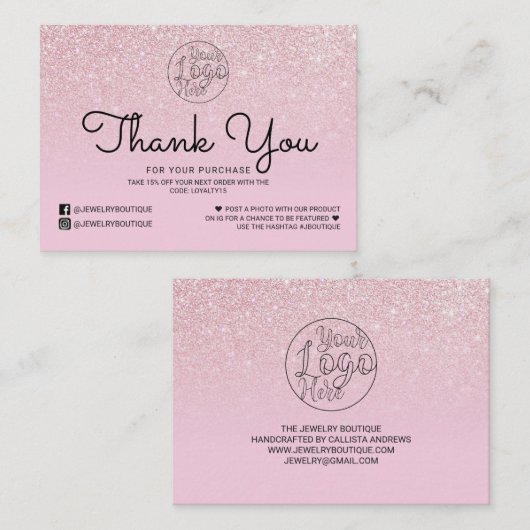 Roos Roze Glitter Ombre Klant Dank u Visitekaartje (Voorkant / Achterkant)