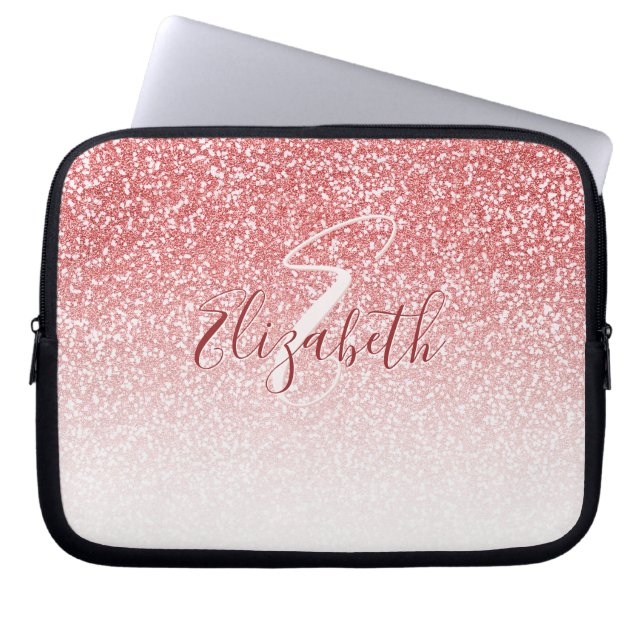 Roos Roze Glitter Ombre Monogram Laptop Sleeve (Voorkant)