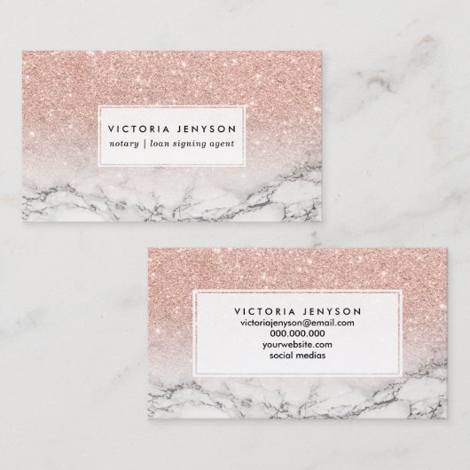 Roos roze glitter ombre witte marmer visitekaartje (Voorkant / Achterkant)