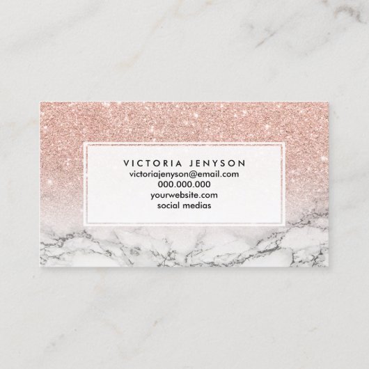 Roos roze glitter ombre witte marmer visitekaartje (Achterkant)