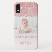 Roos Roze Glitter Rhinestone Naam Foto Case-Mate iPhone Case (Achterkant)