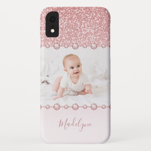 Roos Roze Glitter Rhinestone Naam Foto Case-Mate iPhone Case (Achterkant)