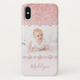 Roos Roze Glitter Rhinestone Naam Foto Case-Mate iPhone Case