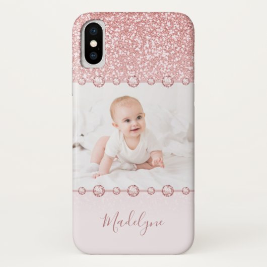 Roos Roze Glitter Rhinestone Naam Foto Case-Mate iPhone Case (Achterkant)